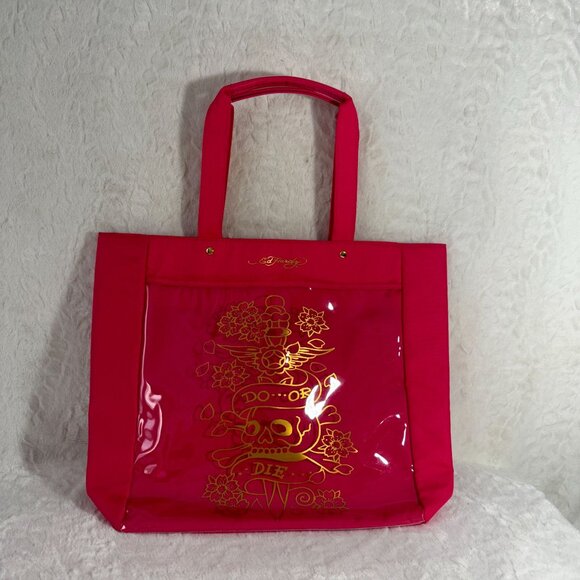 Ed Hardy Pink Tote beach travel bag Bag Gold Skull & Flowers Design "Do Or Die" - Picture 2 of 9